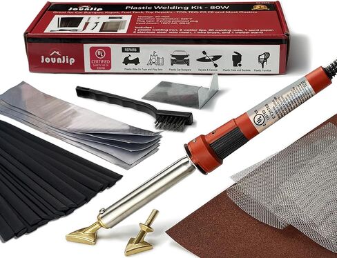 طقم لحام البلاستيك JOUNJIP Deluxe - لحام البلاستيك المعتمد من UL - 17 قطعة من شريط إصلاح الألومنيوم، ورق الصنفرة، 2 طرف لحام مثلث، 2 طرف حذاء لحام، 4 شبكة سلكية، 20 قضيب بوليبلاز، 40 قضيب PP، حديد 80 وات in Kuwait