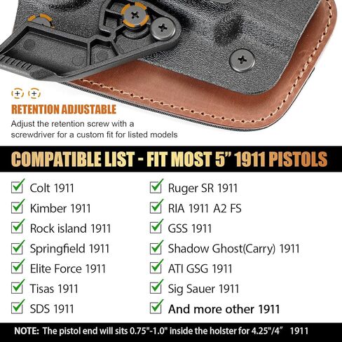 WARRIORLAND 1911 Holster، IWB Hydrid Holster متوافق مع 5 بوصات 1911: Colt/Kimber/Tisas/S&W/Ruger/Sig/RIA وما إلى ذلك - قطع بصري، تعديل ارتفاع الحمل وعدم القدرة على الاحتفاظ به | راحة مطلقة | اليد اليمنى in Saudi Arabia