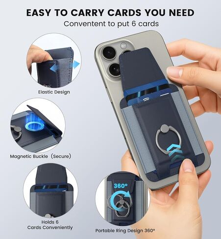 محفظة Mag-Saafe مع حلقة قابلة للتعديل 360 درجة، محفظة مغناطيسية لهاتف iPhone، حافظة هاتف جلدية بغطاء RFID تحجب الخصوصية مع حامل 6 بطاقات لسلسلة i Phone 16/15/14/13/12 للنساء والرجال in Kuwait