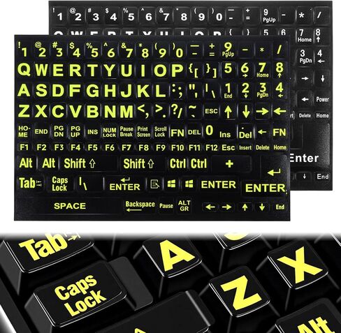 2 Pack Keyboard Letter Stickers, Universal English Large Lettering Computer Keyboard Stickers, Full Size, Black Background with Yellow Lettering, for PC Laptop Desktop Notebook Keyboards in Saudi Arabia