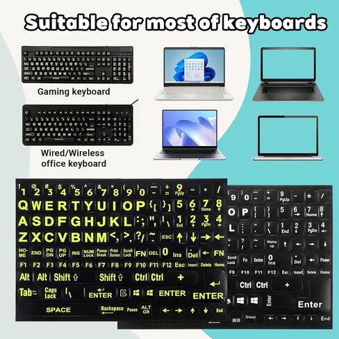 2 Pack Keyboard Letter Stickers, Universal English Large Lettering Computer Keyboard Stickers, Full Size, Black Background with Yellow Lettering, for PC Laptop Desktop Notebook Keyboards in Saudi Arabia
