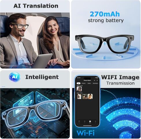 نظارات الذكاء الاصطناعي الذكية مع الكاميرا، نظارات الذكاء الاصطناعي الذكية بدقة 8 ميجابكسل، نظارات تسجيل فيديو بدقة 1920 بكسل مع مساعد صوتي، ترجمة في الوقت الحقيقي، مساعد صوتي، صوت مفتوح الأذن للسفر والاجتماعات ومدونات الفيديو in Kuwait