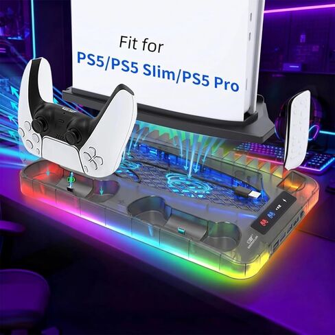 محطة تبريد لأقراص Ps5/Slim/Pro ومنظم حامل رأسي رقمي لـ Playstation 5 مع شاحن وحدة تحكم مزدوج، 16 فتحة ألعاب، 7 Rgb، 3 مروحة تبريد على مستوى، 3 منافذ USB، سماعة رأس وحامل جهاز تحكم عن بعد (أسود) in Kuwait