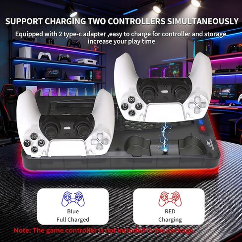 محطة تبريد لأقراص Ps5/Slim/Pro ومنظم حامل رأسي رقمي لـ Playstation 5 مع شاحن وحدة تحكم مزدوج، 16 فتحة ألعاب، 7 Rgb، 3 مروحة تبريد على مستوى، 3 منافذ USB، سماعة رأس وحامل جهاز تحكم عن بعد (أسود) in Kuwait