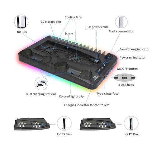 محطة تبريد لأقراص Ps5/Slim/Pro ومنظم حامل رأسي رقمي لـ Playstation 5 مع شاحن وحدة تحكم مزدوج، 16 فتحة ألعاب، 7 Rgb، 3 مروحة تبريد على مستوى، 3 منافذ USB، سماعة رأس وحامل جهاز تحكم عن بعد (أسود) in Kuwait