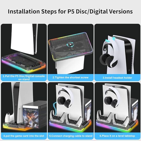 محطة تبريد لأقراص Ps5/Slim/Pro ومنظم حامل رأسي رقمي لـ Playstation 5 مع شاحن وحدة تحكم مزدوج، 16 فتحة ألعاب، 7 Rgb، 3 مروحة تبريد على مستوى، 3 منافذ USB، سماعة رأس وحامل جهاز تحكم عن بعد (أسود) in Kuwait
