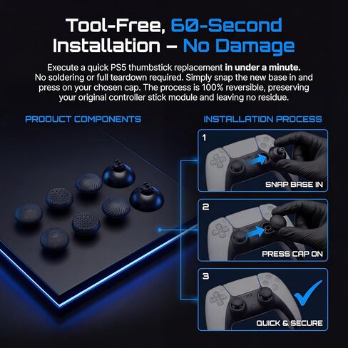أغطية بديلة لعصا التحكم العالمية لمعظم وحدات التحكم اللاسلكية - متوافقة مع Sony Playstation 5/4 وNintendo Switch Pro وXbox Series S/X - 6 أغطية قابلة للتعديل وقاعدتين إضافيتين - مجموعة قبضة إصلاح عصا التحكم التناظرية in Kuwait