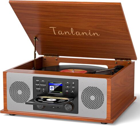 10-in-1 Vintage Bluetooth Record Player Multimedia Center with Built-in Stereo Speakers, CD Player, All-in-One 3-Speed Vinyl Turntable, Internet Radio, Clock, USB Recording, RCA Out,Red Wood in Saudi Arabia