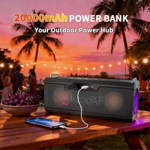 مكبر صوت Hupoaf بلوتوث لاسلكي، 120 وات (ذروة) مكبر صوت خارجي عالي الصوت مع صوت جهير عميق، IPX7 مقاوم للماء، بنك طاقة 20000 مللي أمبير في الساعة/TWS/حزام محمول/EQ/Lightshow، مكبر صوت محمول للحفلات/التخييم/الشاطئ/المرآب in Saudi Arabia