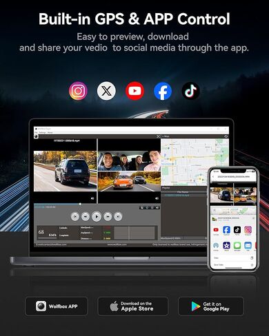 WOLFBOX i17 4K 3 Channel Dash Cam Built-in 5.8GHz WiFi with 64GB Card, 4K+1080P+1080P Dash Cam Front and Rear Inside, Triple Car Camera with 3 Inch Screen, IR Night Vision, WDR, 24H Parking Mode, GPS in Saudi Arabia