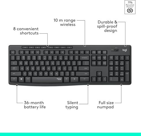 Logitech MK295 Wireless Keyboard and Mouse Combo – SilentTouch Quiet Keys, Full Numpad, 2.4GHz USB Receiver, Lag-Free Windows Computer, Laptop & PC Office Set – Graphite Black, Includes Cloth in Saudi Arabia