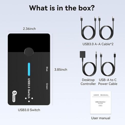 USB 3.0 Switch 2 جهاز كمبيوتر لوحة مفاتيح ماوس محول USB A Hub محدد لجهازين كمبيوتر أو كمبيوتر محمول مشاركة 3 منافذ USB A ومنفذ USB C مع وحدة تحكم ممتدة in Kuwait