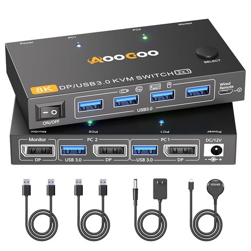 محول DisplayPort KVM 2 جهاز كمبيوتر، شاشة واحدة 8K@60 هرتز/4K@240 هرتز، محول DP KVM لجهازين كمبيوتر، شاشة واحدة لمشاركة الماوس ولوحة المفاتيح و2 كابل USB 3.0 ووحدة تحكم سلكية متضمنة، أسود in Kuwait