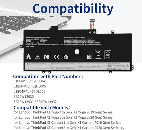 استبدال بطارية الكمبيوتر المحمول L18C4P71 L18M4P72 لجهاز Lenovo ThinkPad X1 Yoga 4th Gen / X1 Carbon 7th Gen 2019 8th Gen 2020 Series L18L4P71 L18M4P72 02DL005 02DL006 SB10K97643 in Kuwait