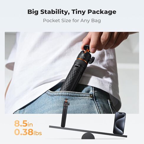K&F CONCEPT MS71 [1s Auto Open] Mini Selfie Stick Tripod, 25.6''Lightweight Ball Head Pocket Tripod with Cold Shoe, Small Desk Tripod Compatible with DJI Osmo Pocket 4/3 Action5 GoPro13/12. in Kuwait