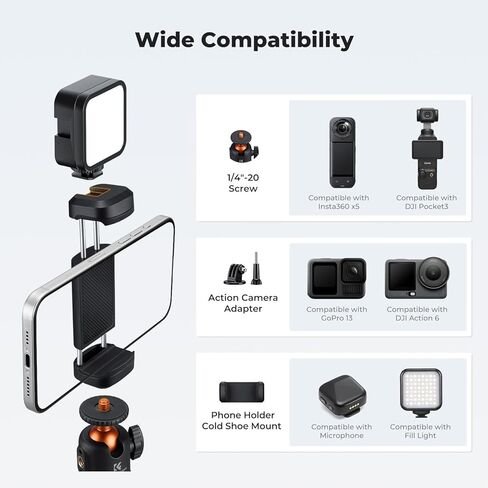 K&F CONCEPT MS71 [1s Auto Open] Mini Selfie Stick Tripod, 25.6''Lightweight Ball Head Pocket Tripod with Cold Shoe, Small Desk Tripod Compatible with DJI Osmo Pocket 4/3 Action5 GoPro13/12. in Kuwait