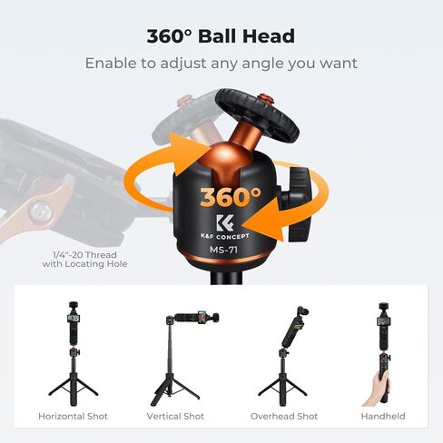 K&F CONCEPT MS71 [1s Auto Open] Mini Selfie Stick Tripod, 25.6''Lightweight Ball Head Pocket Tripod with Cold Shoe, Small Desk Tripod Compatible with DJI Osmo Pocket 4/3 Action5 GoPro13/12. in Kuwait