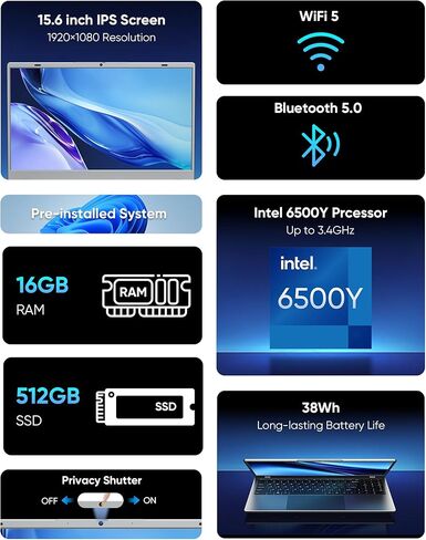 كمبيوتر محمول، 15.6 بوصة FHD IPS | Pentium 6500Y | ذاكرة الوصول العشوائي 16 جيجابايت | 512 جيجابايت SSD | WiFi 5، BT5.0 | مصراع الخصوصية - للمكتب والوسائط والاستخدام المنزلي، فضي in Saudi Arabia