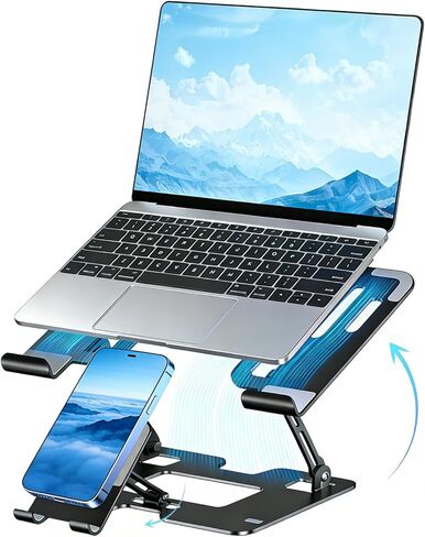 حامل تبريد مريح للكمبيوتر المحمول 2 في 1 مع حامل هاتف للمكتب، حامل كمبيوتر محمول قوي وقابل لضبط الارتفاع يناسب معظم أجهزة الكمبيوتر المحمولة والهواتف in Kuwait
