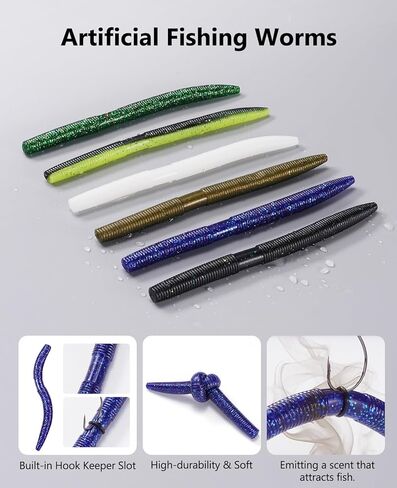 KEXMO 179 قطعة Wacky Worm Wacky Rig Kit لصيد الأسماك، 48 قطعة 5.5" ديدان من البلاستيك الناعم مع تشريب الملح، 6 ألوان مميزة، 30 خطافًا و100 حلقة دائرية مع صندوق معالجة مقاوم للماء 3700 in Kuwait