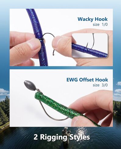 KEXMO 179 قطعة Wacky Worm Wacky Rig Kit لصيد الأسماك، 48 قطعة 5.5" ديدان من البلاستيك الناعم مع تشريب الملح، 6 ألوان مميزة، 30 خطافًا و100 حلقة دائرية مع صندوق معالجة مقاوم للماء 3700 in Kuwait