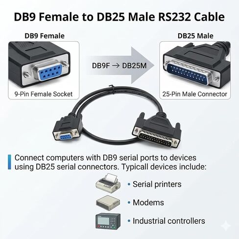 كابل تسلسلي DB9 أنثى إلى DB25 ذكر مزدوج الحماية RS232 بطول 1 متر للاتصال بالطابعة in Kuwait