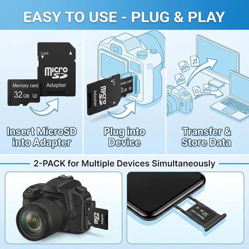 Micro SD Card 32GB SDHC C10 U1, 2 Pack Class 10 High Speed Memory Card with SD Adapter for Camera, Dash Cam, GPS, MP3 Player, Phone in Saudi Arabia