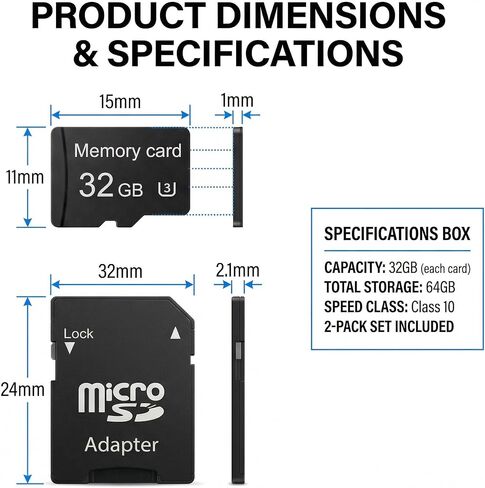 Micro SD Card 32GB SDHC C10 U1, 2 Pack Class 10 High Speed Memory Card with SD Adapter for Camera, Dash Cam, GPS, MP3 Player, Phone in Saudi Arabia