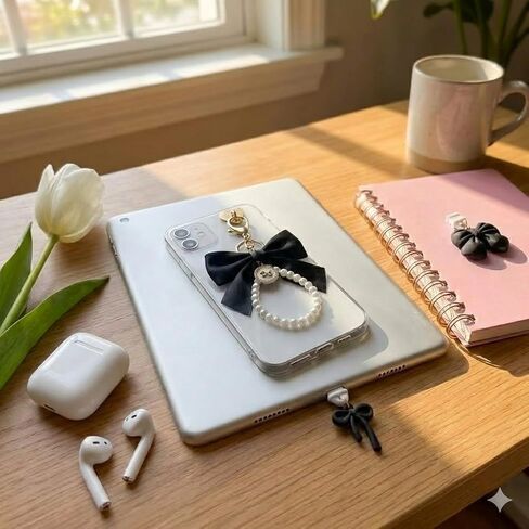 3 قطع من قابس الغبار على شكل فيونكة لجهاز Kindle، ملحقات غطاء USB C مضادة للغبار، سلسلة لؤلؤ لطيفة من النوع C، هدايا القارئ الإلكتروني Kawaii لمحبي الكتب (أسود) in Kuwait