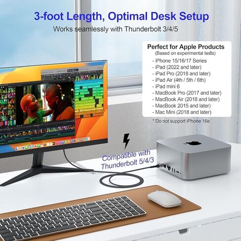 Thunderbolt to HDMI Cable 3ft, 4K@30Hz/ 1080P@120Hz Unidirectional USB C Thunderbolt 3/4/5 to HDMI Cord for iPhone 17/16/15 iPad Air/Pro Mac mini MacBook to Monitor TV Projector in Saudi Arabia