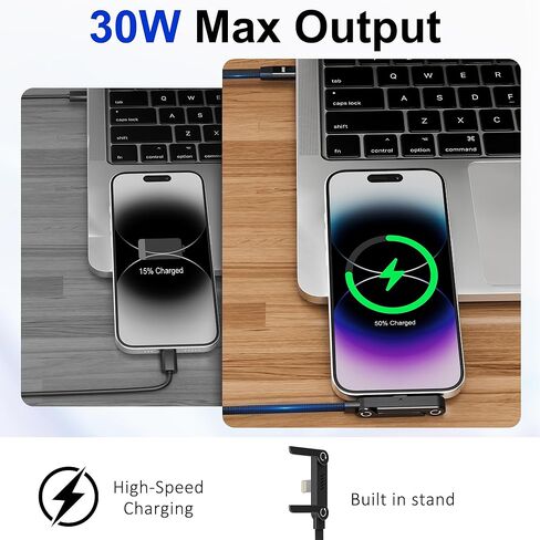 2 Pack USB C to Lightning Cable Built-in Phone Stand, MFi Certified 30W PD Fast Sideways iPhone Charger Cable with Stand, 90 Degree T-Shaped 2 in 1 Invisible Holder Charger Cable for iPhone 14-5, ipad in Saudi Arabia