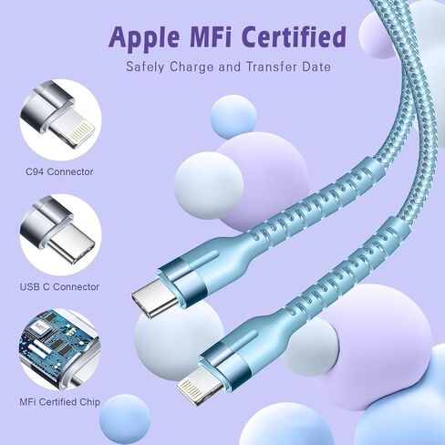 3 عبوات من كابلات USB C إلى Lightning معتمدة من MFi للشحن السريع بطول 3 أقدام مع سلك شاحن iPhone من النوع C المضفر من النايلون متوافق مع iPhone 14/13/12/11/X/8 & iPad in Saudi Arabia