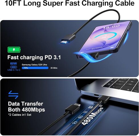 60W Super Fast Charger USB C, Type C Charger Fast Charging Android Phone Charger Block with 10ft USB C Fast Charging Cable Cord for Samsung Galaxy S26/S26 Ultra/S26+/S25 Ultra/S24 Ultra, MacBook, iPad in Kuwait