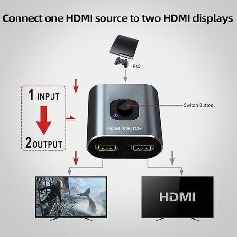 4K HDMI Switch 2 in 1 Out, Aluminum Manual Bidirectional HDMI Hub Compatible with Xbox PS5/PS4/Blu-Ray/Fire Stick in Saudi Arabia
