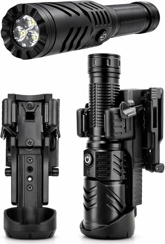 Rechargeable Flashlight with Belt Clip Holster, Ultra Bright [2500LM] High-Lumen LED Flashlight for Tactical Duty Belts, Magnetic Base, 90 Swivel Head, for Camping, Law Enforcement (Aluminum Black) in Saudi Arabia