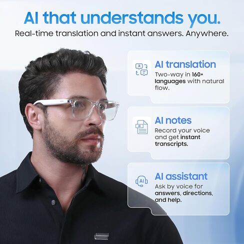 نظارات LIMU Gen 5 الذكية، نظارات AI مع مترجم AI في الوقت الحقيقي - نظارات بلوتوث مفتوحة الأذن مع مكبرات صوت، التحكم في مستوى الصوت واللمس، تشغيل/إيقاف تلقائي لمستشعر التآكل، إطار TR90 ممتاز للنساء والرجال in Kuwait