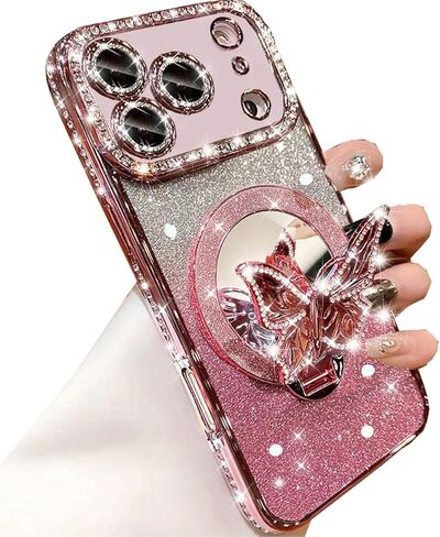 Changjia Magnetic Glitter Case for iPhone 17 Pro Max,[Compatible with MagSafe] Bling Sparkly Diamond with Camera Protector &Butterfly Stand &Makeup Mirror Women Girls Case for iPhone 17 Pro Max,Silver in Saudi Arabia