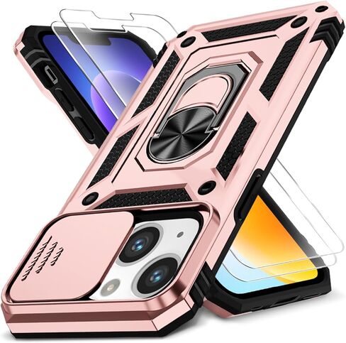 حافظة لهاتف iPhone 13/iPhone 14 مقاس 6.1 بوصة غطاء كاميرا منزلق + واقي شاشة (عبوتان)، غطاء واقٍ مقاوم للصدمات من الدرجة العسكرية، مسند حلقي دوار مع حماية الكاميرا (أسود) in Saudi Arabia