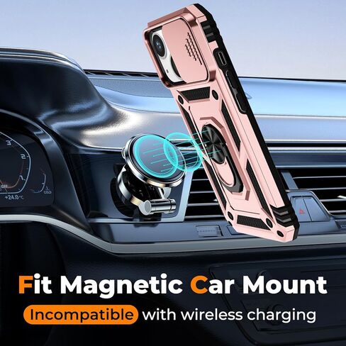 حافظة لهاتف iPhone 13/iPhone 14 مقاس 6.1 بوصة غطاء كاميرا منزلق + واقي شاشة (عبوتان)، غطاء واقٍ مقاوم للصدمات من الدرجة العسكرية، مسند حلقي دوار مع حماية الكاميرا (أسود) in Saudi Arabia