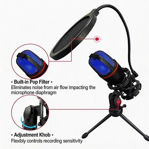 USB Microphone with RGB Light and Tripod Stand for Streaming Podcast Recording Gaming on PC Laptop in Saudi Arabia