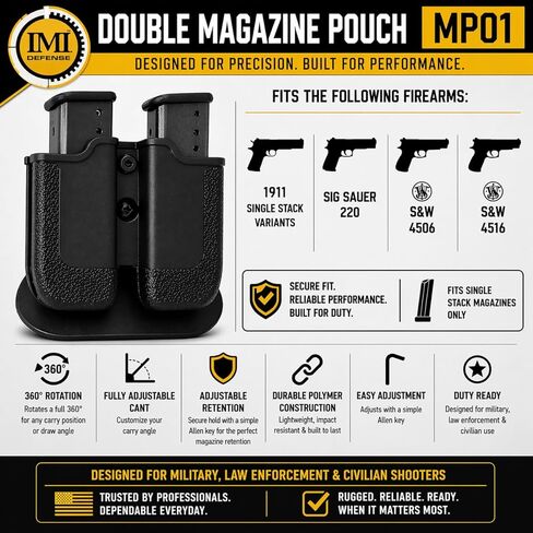 IMI Defense Double Magazine Pouch with Adjustable Retention for 1911 & Sig P220 – Single Stack Mag Holder, Fits S&W 4506/4516, Adjustable 360° Cant, Duty-Ready Polymer in Saudi Arabia