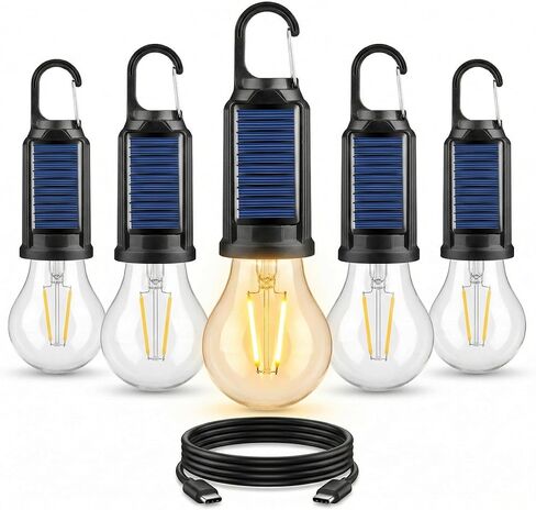 5-Pack Solar LED Camping Light Bulb, Rechargeable Emergency Light Bulbs for Power Outage, Portable Tent Lantern with Hook, Waterproof, for Tent, Hiking, Home in Saudi Arabia