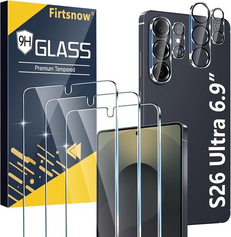عبوة من 3 قطع من firtstnow لهاتف Samsung Galaxy S26 Ultra واقي شاشة من الزجاج المقسى + 3 قطع من واقي عدسة الكاميرا، مقاوم للكسر من الدرجة العسكرية، صلابة 9H، فتح بصمة الإصبع، مناسب للحافظة 6.9 بوصة in Kuwait