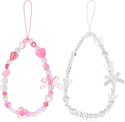 Mabor 2Pcs Bow Phone Charm Wrist Strap, Pink Strawberry Cellphone Case Charm Strap, Aesthetic Beaded Lanyard Wrist Straps, Y2K String for Bag Camera Decoration Accessories in Saudi Arabia