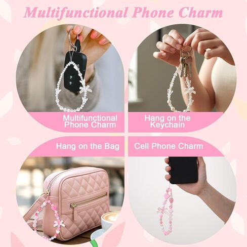 Mabor 2Pcs Bow Phone Charm Wrist Strap, Pink Strawberry Cellphone Case Charm Strap, Aesthetic Beaded Lanyard Wrist Straps, Y2K String for Bag Camera Decoration Accessories in Saudi Arabia