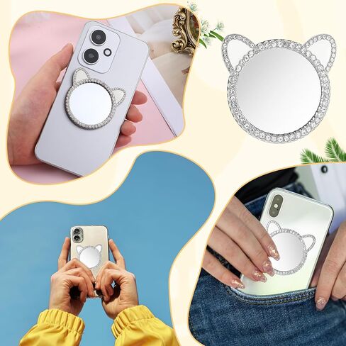 Phone Stick-On Mirrors with Silver Zinc Alloy Frame 2.2'' Cat Ear Shape Phone Mirror Bling Smartphone Case Mirror Decal Adhesive Makeup Mirrors for Cellphone Back(Remove Protective Film) in Saudi Arabia