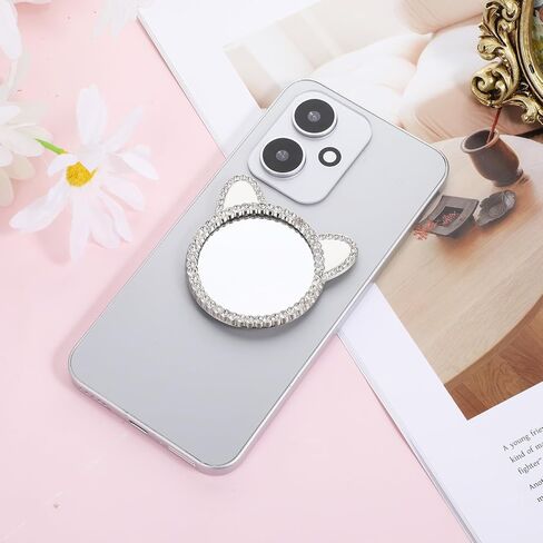 Phone Stick-On Mirrors with Silver Zinc Alloy Frame 2.2'' Cat Ear Shape Phone Mirror Bling Smartphone Case Mirror Decal Adhesive Makeup Mirrors for Cellphone Back(Remove Protective Film) in Saudi Arabia