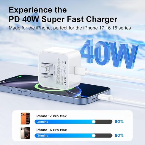 شاحن Otovoda 40 وات من النوع C شحن سريع لهاتف iPhone 17 16 15، كتلة شاحن USB C قابلة للطي بمقبس USBC لشواحن الحائط مع كابلات 6FT لهاتف iPhone 17 Pro Max/17 Pro/17/16/16 Pro Max/15 Pro Max 2 Pack in Saudi Arabia