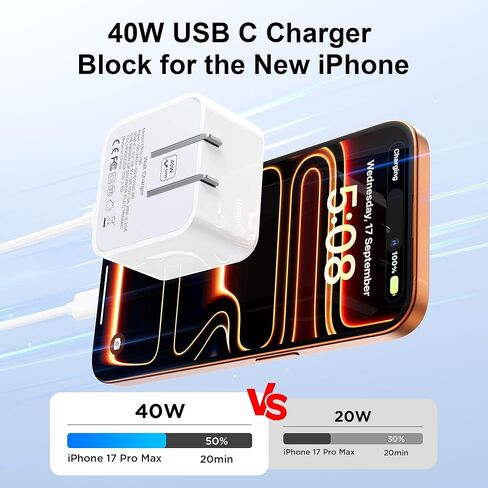 شاحن Otovoda 40 وات من النوع C شحن سريع لهاتف iPhone 17 16 15، كتلة شاحن USB C قابلة للطي بمقبس USBC لشواحن الحائط مع كابلات 6FT لهاتف iPhone 17 Pro Max/17 Pro/17/16/16 Pro Max/15 Pro Max 2 Pack in Saudi Arabia