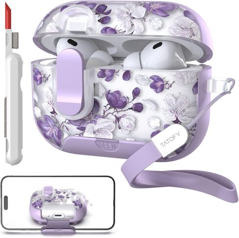 TATOFY for AirPod Pro 3 Case (2025) with Phone Stand Lanyard Lock Cleaning Kit, Compatible with Magsafe, Flowers Hard AirPods Pro 3rd Generation Cover for Women (Purple, AirPods Pro 3) in Saudi Arabia